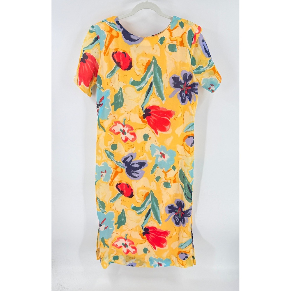 Vintage Borcellini Floral Shift Midi Dress Shoulder Pads Lined Yellow Size 12